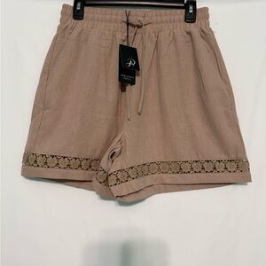 Adrianna Papell Women's Tan Shorts with Lace Trim